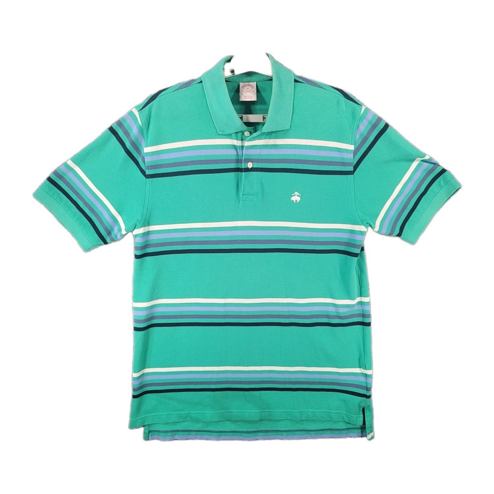Brooks Brothers 346 Polo Shirt Mens Medium Green Stripe Logo Short Sleeve Casual